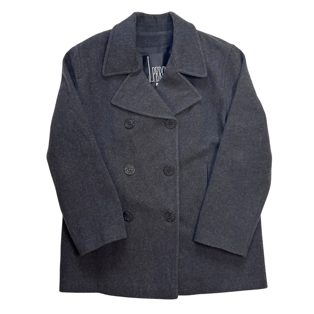 VTG Y2K J. Percy Charcoal Gray Double Breasted Pea Coat Wool Preppy USA‎ Made